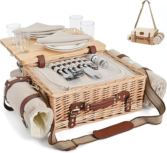 Multifunctional Wicker Picnic Basket Set for 4 with Blanket and Picnic Table, Insulated Picnic Se... | Amazon (US)