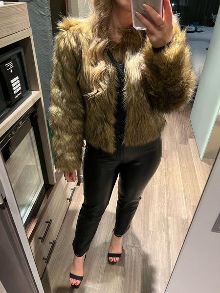 Faux fur coat size XS, black leather pants in my usual jean size from Abercrombie, body suit XS, heels TTS

Holiday outfit, holiday coat

#LTKSeasonal #LTKHoliday #LTKunder100