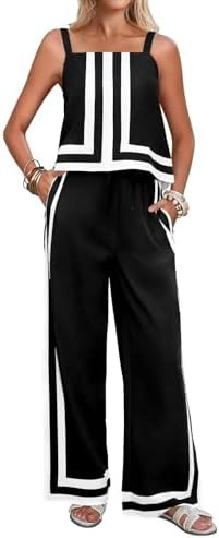 Tankaneo Womens 2 Piece Lounge Set Summer Casual Color Block Cami Top Wide Leg Pants Set Beach Va... | Amazon (US)