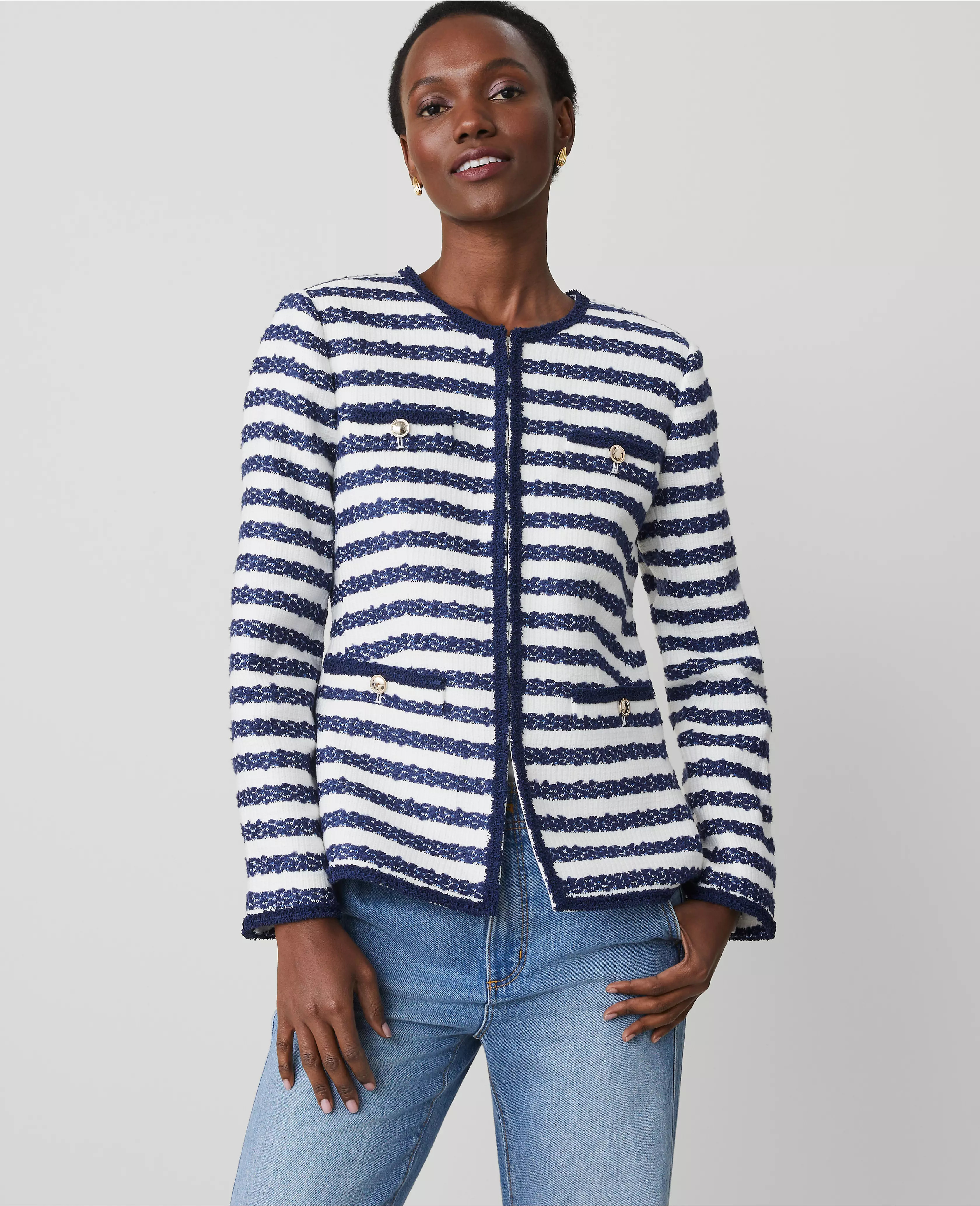 Striped Boucle Tweed Fitted Jacket | Ann Taylor