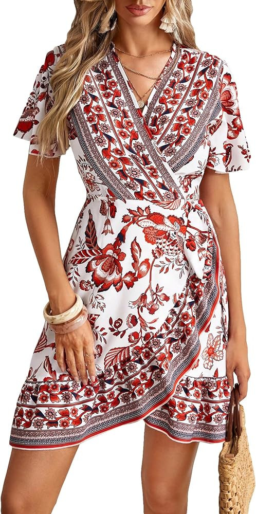 WDIRARA Women's Summer Casual Boho Floral Print Short Sleeve Wrap V Neck Ruffle Hem A Line Dress | Amazon (US)