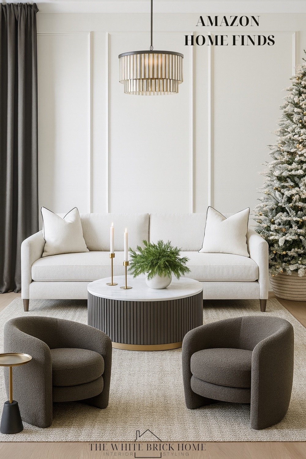 Amazon home finds! This cozy, sophisticated sitting room blends neutrals with gold accents, creating a holiday ready space with a level of modern elegance. 

Living room, living room decor, living room furniture, Amazon, Amazon home, Amazon sofa, Amazon coffee table, Amazon holiday decor, faux Christmas tree, accent chairs, chandelier, side tables, round coffee table, throw pillows, area rug, living room design, living room rug, candle holders, Amazon home finds 

#LTKSeasonal #LTKHoliday #LTKHome