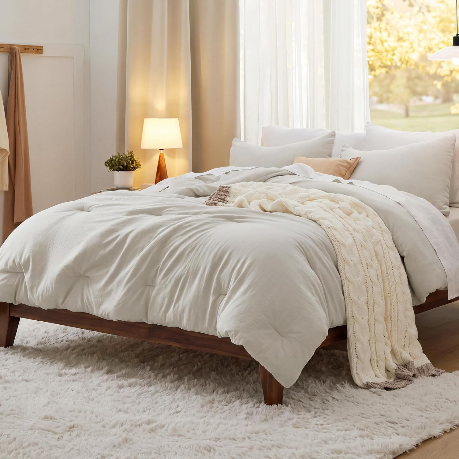 Bedsure Queen Size Comforter Sets, Beige Soft Prewashed Bed Comforter for All Seasons, 3 Pieces Warm Bedding Sets, 1 Lightweight Comforter (90"x90") and 2 Pillowcases (20"x26") | Amazon (US)