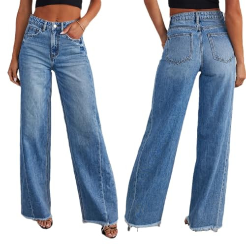 Mukwpaz Women's Wide Leg Jeans High Waisted Strechy Raw Hem Denim Pants (X-Large) Blue | Amazon (US)