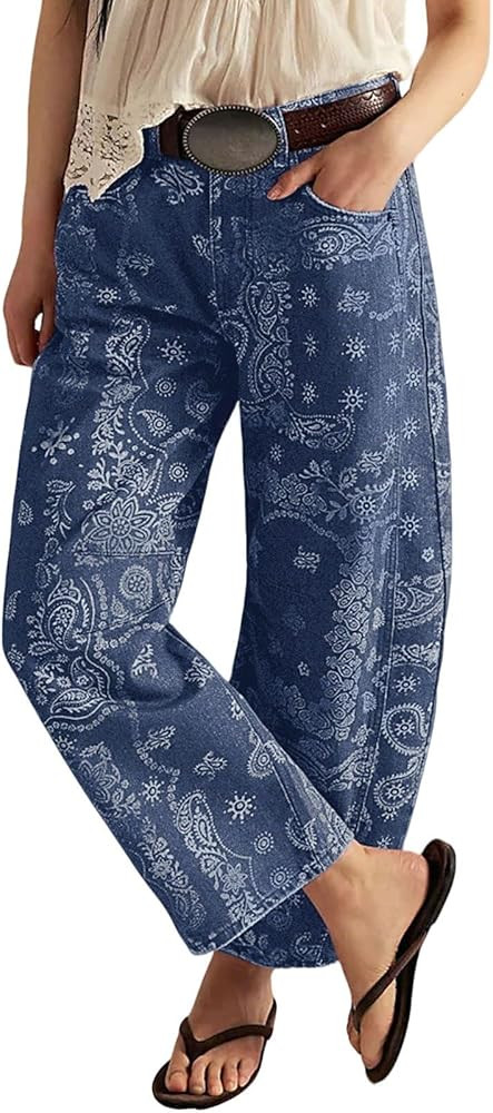 loveimgs Women Boyfriend Baggy Barrel Jeans Floral Print Denim Ankle Pants Wide Leg Mid Rise Jean... | Amazon (US)