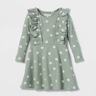 Grayson Collective Toddler Girls' Daisy Ribbed Ruffle Long Sleeve Dress - Sage | Target