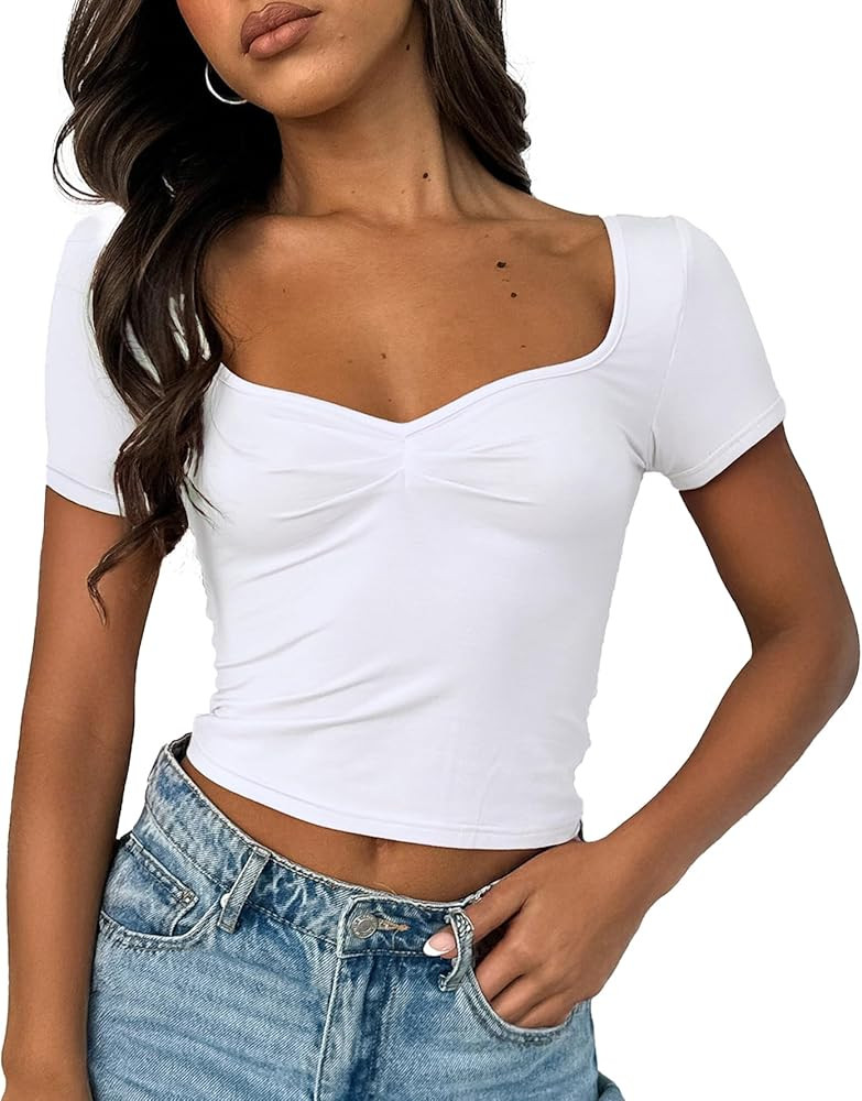 ForeFair Women's Sexy Short Sleeve Going Out Tops Pleated Bustier Shirt Cute Sweetheart Neck Y2K ... | Amazon (US)