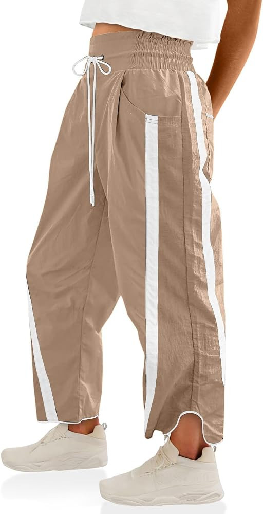 Womens Pants Baggy Wide Leg Casual Workout Elastic Waisted Stripes Track Pockets Y2K Barrel Trend... | Amazon (US)