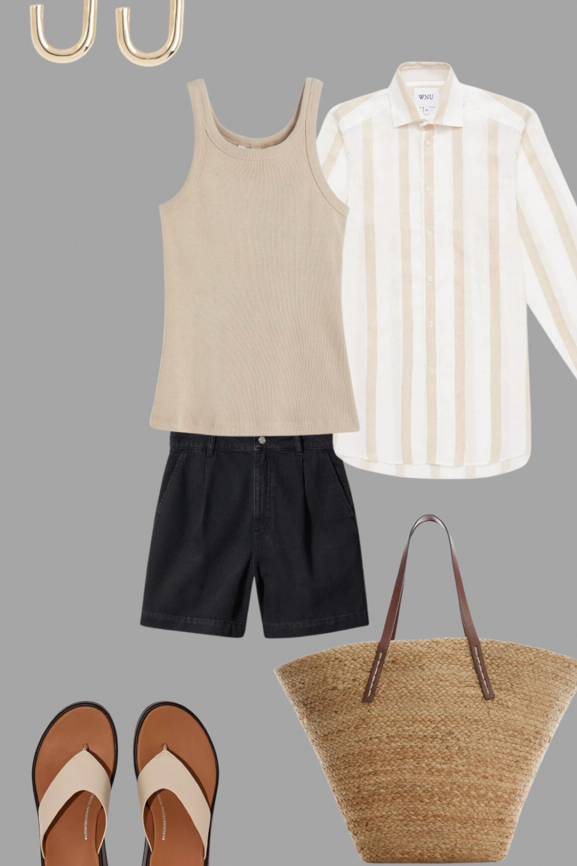 Black denim shorts, a beige vest and a simple striped shirt with a large basket bag, leather flip flops and simple gold earrings