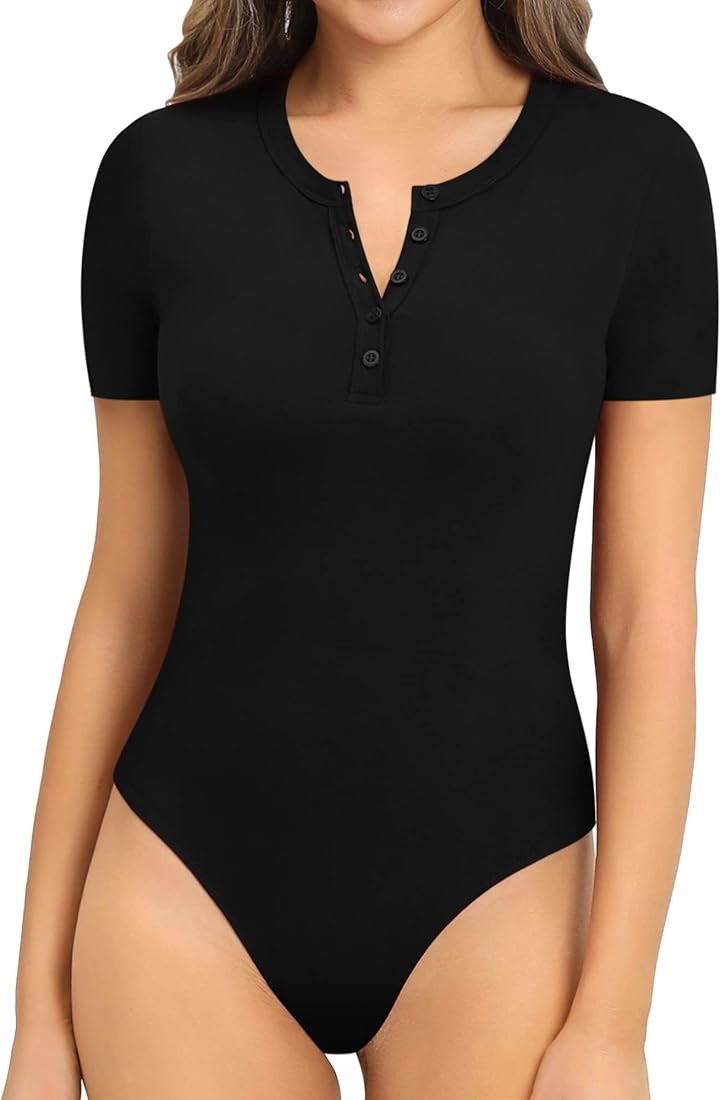 MANGOPOP Women's Round Neck Button Down Short Sleeve Long Sleeve Bodysuit Slim Fit Tops | Amazon (US)