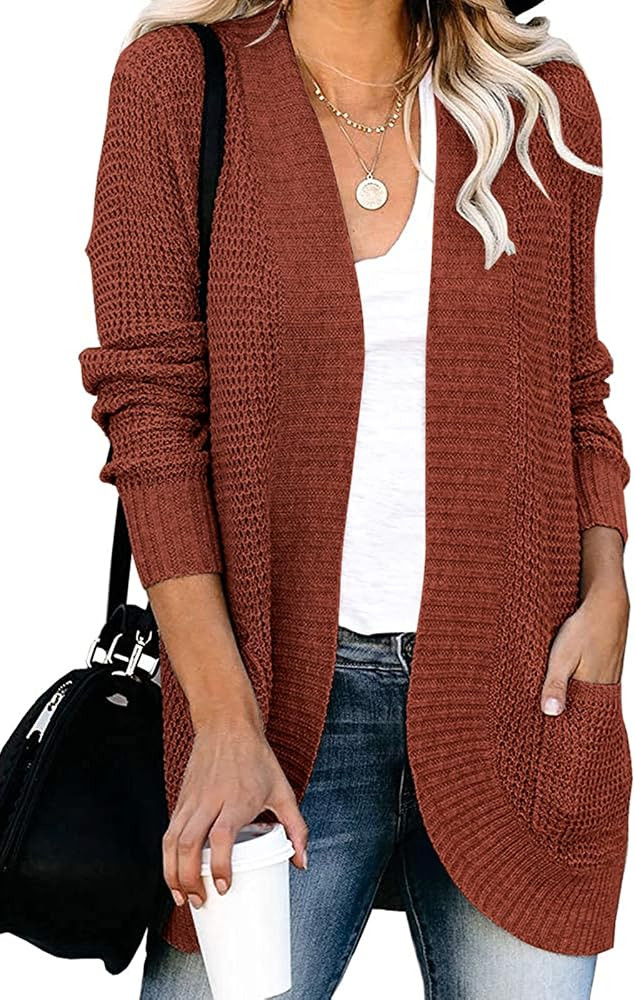YIBOCK Womens Long Sleeve Open Front Waffle Chunky Knit Cardigan Sweater Outwear | Amazon (US)