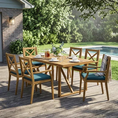 7 Pieces Acacia Wood Outdoor Dining Set With Cushions,Modern 6 Chairs 1 Large Table,Dining Furniture Set For Lawn, Backyard, Garden Deck,Poolside,Teak | Wayfair North America