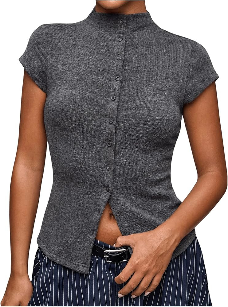 Milumia Women's Cap Sleeve Knit Top Mock Neck Button Down Slim Fit Casual Sweater Tops | Amazon (US)