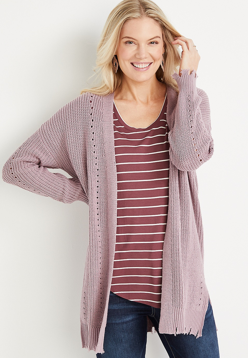 Solid Destructed Hem Cardigan | Maurices