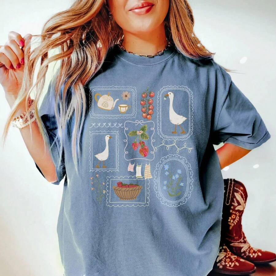 LocalWomen's Vintage Washed Graphic T Shirt, Oversized Goose Strawberry Print Tee, Cottagecore Fa... | SHEIN