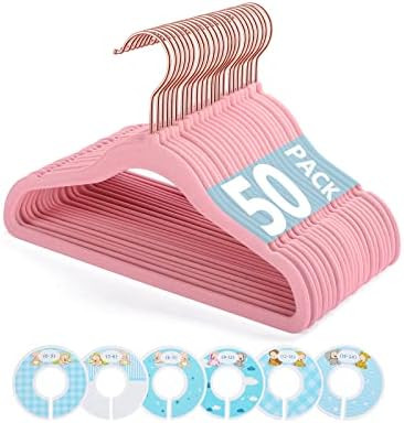 Smartor Baby Hangers for Closet , Pink Kids Velvet Hangers 50 Pack with 6 Pieces of Adorable Labe... | Amazon (US)
