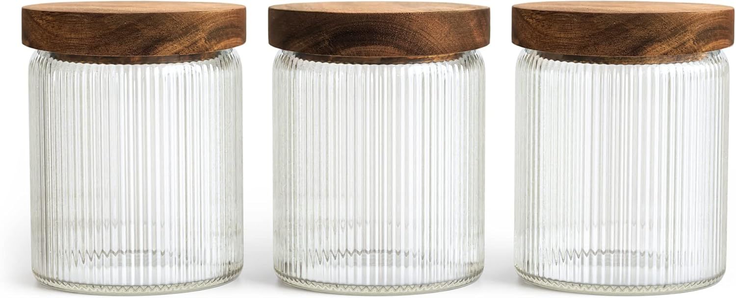 Mason & Fable Ribbed Glass Jar with Wooden Lid Set of 3-16.9oz | Airtight Fluted Glass Storage Co... | Amazon (US)