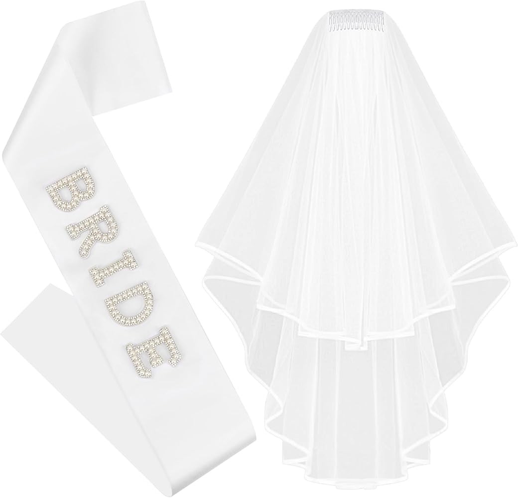 Chanaco Bride to Be Sash Bridal White Veil for Wedding 2Pcs Bride Pearl Satin Sash Bachelorette P... | Amazon (US)