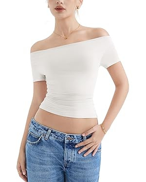 SUUKSESS Women Off The Shoulder Short Sleeve Tops Trendy Cowl Neck Going Out Basic T Shirt | Amazon (US)