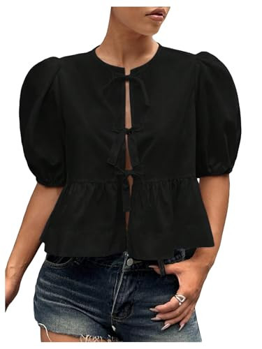 GORGLITTER Women's Gingham Tie Front Shirts Plaid Top Puff Short Sleeve Ruffle Hem Babydoll Peplum Blouse Black Medium | Amazon (US)