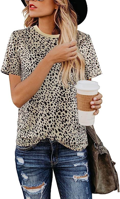 Women’s Casual V Neck Leopard Print Tops Summer Cute Shirts Basic Short Sleeve Tees Blouse | Amazon (US)