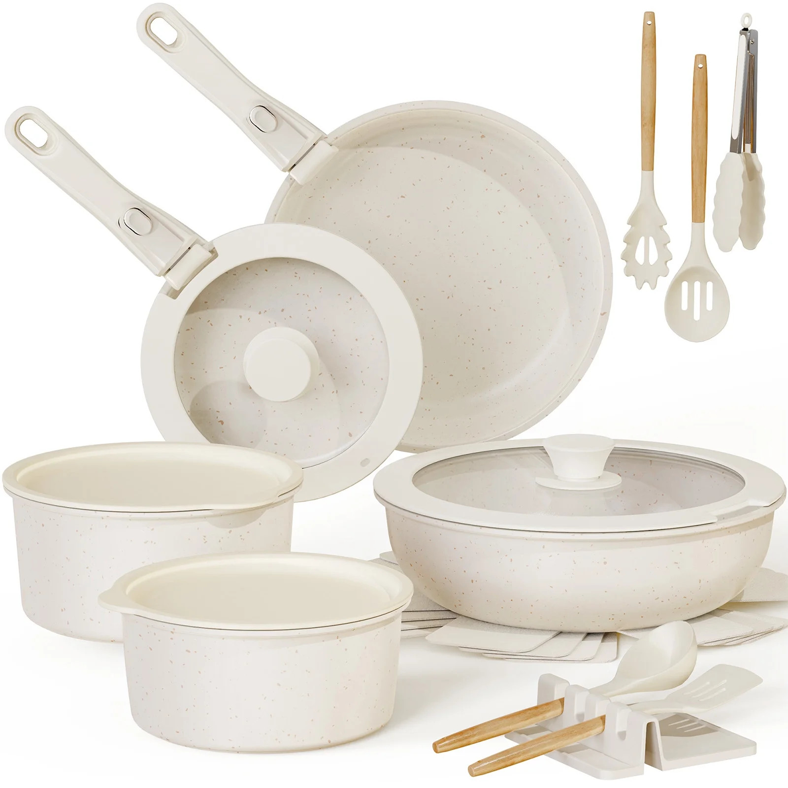 Astercook 20 Piece Ceramic Pots and Pans Set Non Stick, Cookware Set with Detachable Handle, Oven Safe, Induction Ready, Stackable RV Kitchen Cooking Set Removable Handles, Cream White | Walmart (US)