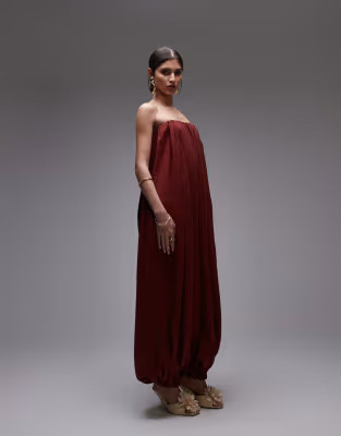 ASOS DESIGN modal bandeau bubble hem jumpsuit in brick red | ASOS | ASOS (Global)