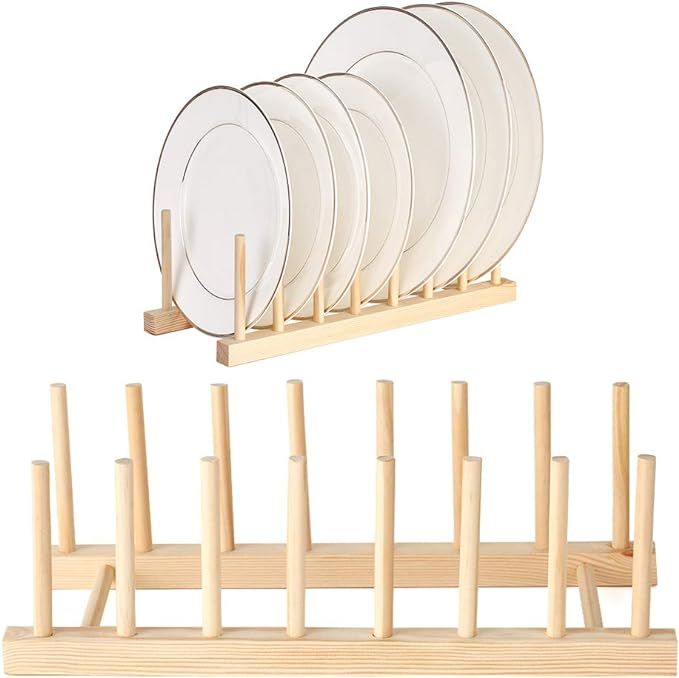 2 Packs Plate Racks Stand Pot Lid Holder Bamboo Wooden Dish Racks Kitchen Cabinet Organizer Dish ... | Amazon (US)