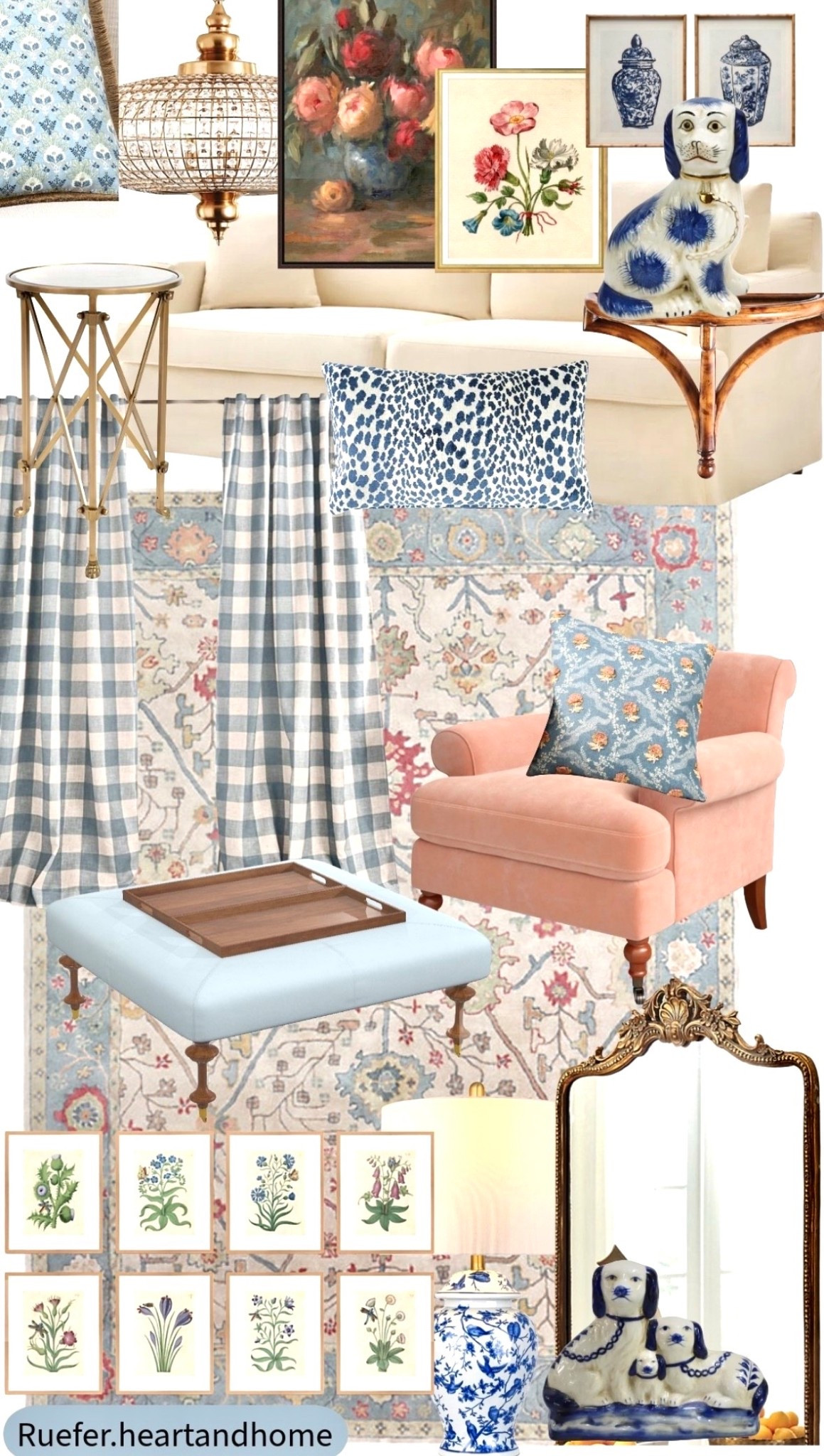 Buffalo check curtains, pastel floral rug, French country style decor, wall shelf, custom upholstered square ottoman with tray, velvet chair, pillow, floral pillow, slipcovered sofa, ornate gold mirror, framed art, floral art, accent table 

#LTKSeasonal #LTKHome #LTKSaleAlert