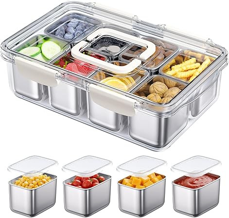 Snackle Box Container, 304 Stainless Steel Divided Serving Tray with Lid and Handle, Portable 8 C... | Amazon (US)