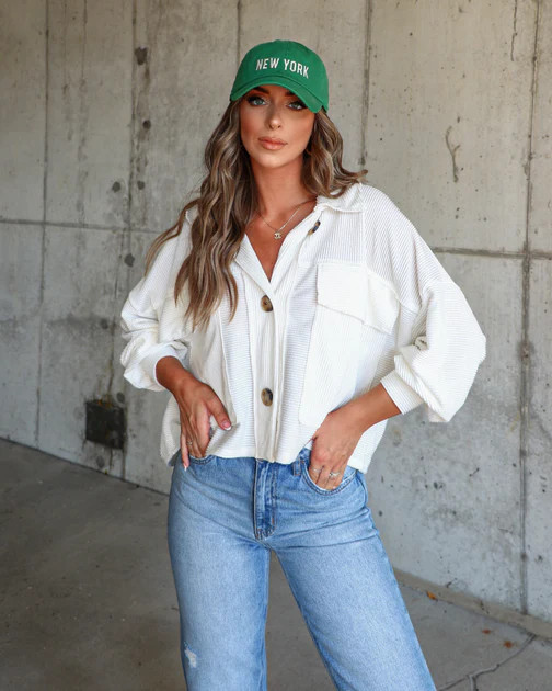 Tisha Ribbed Knit Cropped Shacket - Ivory | VICI