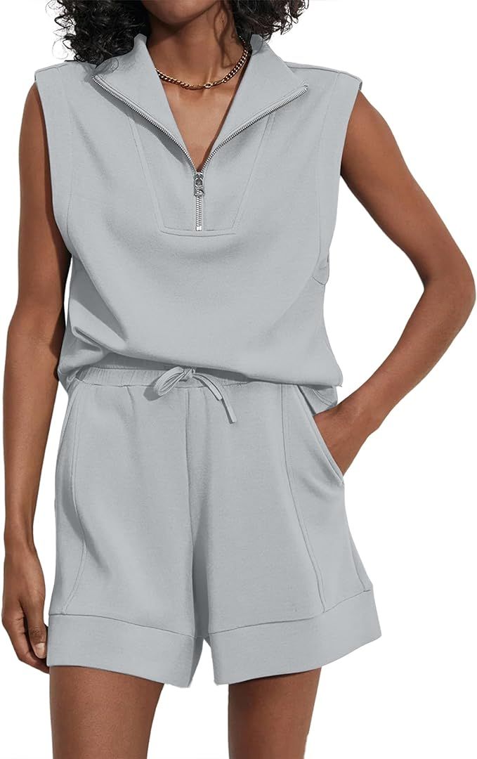 Women Two Piece Outfits Half Zip Lapel Collar Sleeveless Sweatshirt High Waist Sweat Shorts Loung... | Amazon (US)