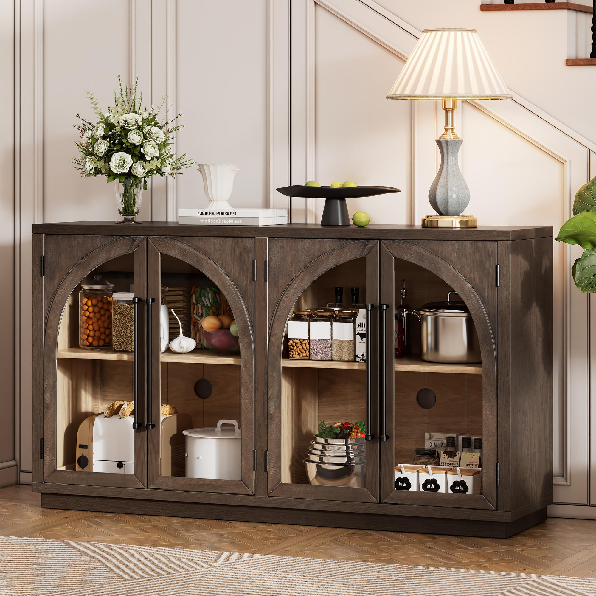 Merax Wood Farmhouse Buffet Sideboard with Adjustable Shelves and 4 Glass Doors, Coffee Bar Cabin... | Amazon (US)