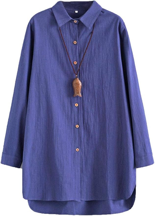 Minibee Women's Linen Shirts Tunics Hi Low Tops Boyfriend Button Down Blouse | Amazon (US)