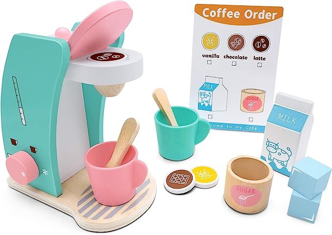 Play Kitchen Accessories - Brew & Serve Wooden Coffee Maker Set, Encourages Imaginative Play, 13 ... | Amazon (US)