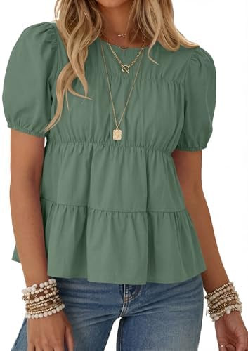 Rapbin Womens Puff Short Sleeve Babydoll Tops Summer Peplum Pleated Cotton T Shirts Casual Loose ... | Amazon (US)
