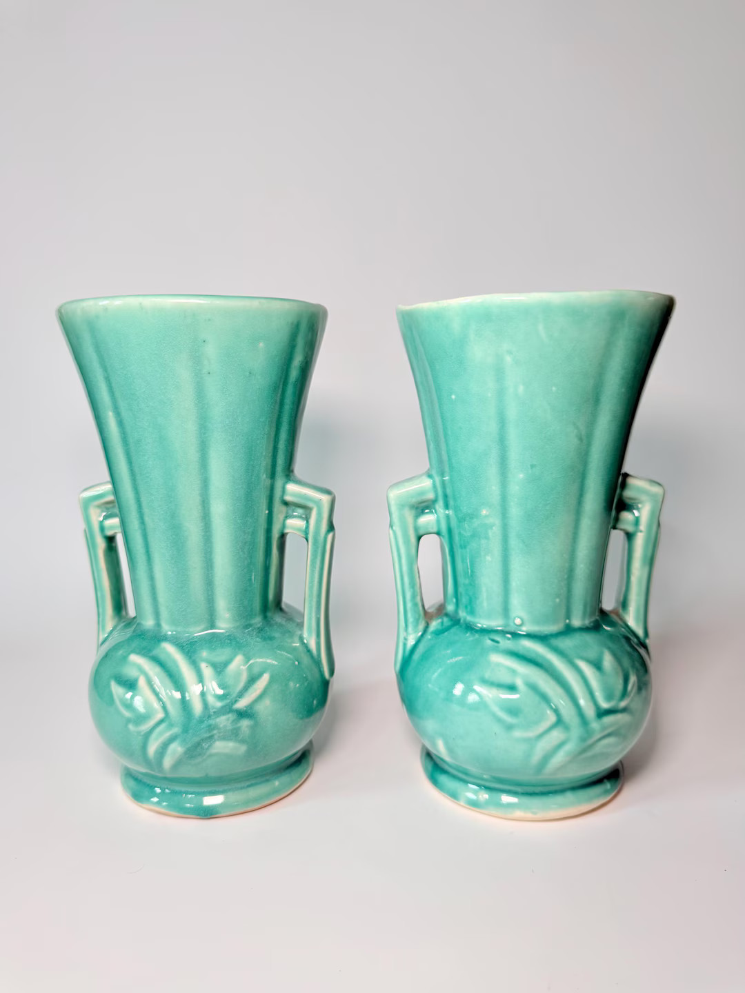 Vintage 1950s Mccoy Turquoise Art Deco Double Handled Vase- Sold Individually- Medium Vase W/ Fla... | Etsy (US)