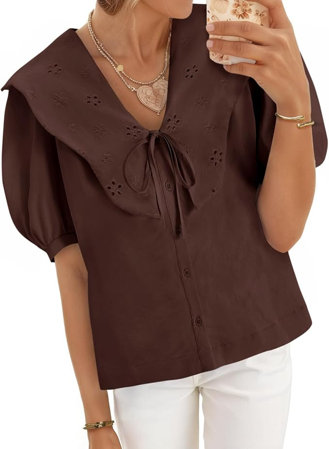 Cicy Bell Womens Peter Pan Collar Shirts Puff Sleeve Button Down Blouse | Amazon (US)