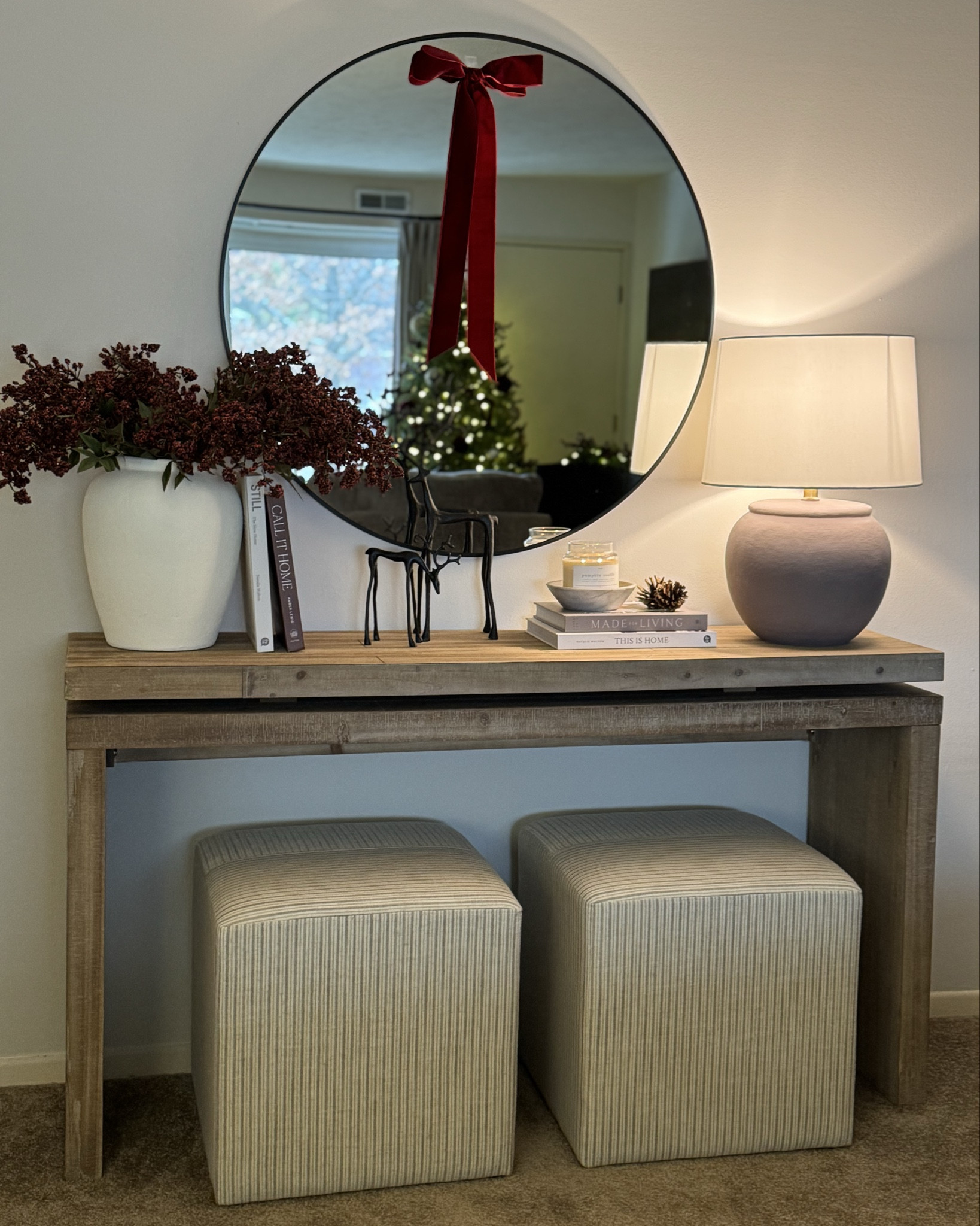 Console table, console Christmas styling, white vase, berry stems, stripe ottoman, knit blanket, sawyer bed, upholstered bed, Sausalito dresser, Norfolk pine stems, Afloral stems, Christmas stems, brown velvet quilt, white duvet, quince, ornament candle 

#LTKHoliday #LTKGiftGuide #LTKHome