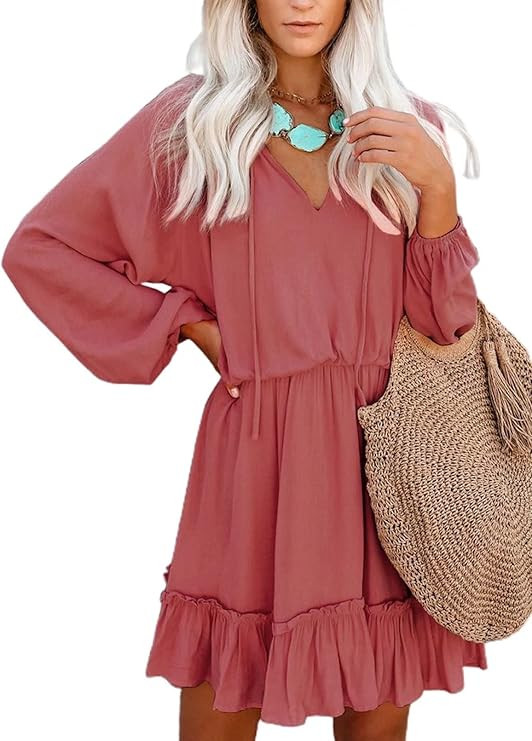 Dokotoo Womens Summer Spring V Neck Ruffle Chiffon Elegant Empire Waist Mini Short Swing Skater D... | Amazon (US)