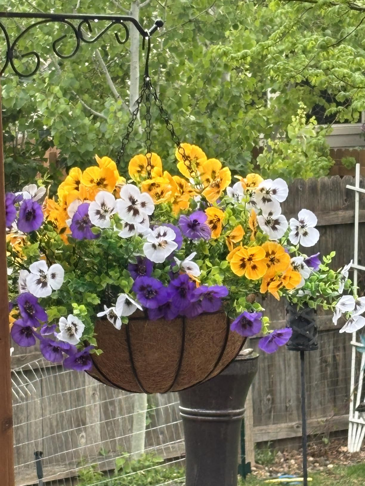 lovemoon 2 Sets Artificial Hanging Pansy Flowers with Baskets, 24 Pcs UV Resistant Faux Silk Pansy Outdoor Hanging Flower for Porch Patio Garden Home Spring Decor (2, White,Yellow,Purple) | Amazon (US)