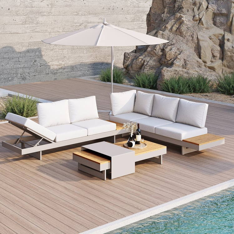 Tevara 4-Piece Outdoor Teak & Aluminum Modular Sofa Set with Coffee Table in Warm White｜Homary | Homary