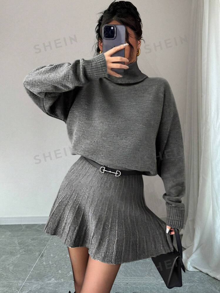 SHEIN Raffinéa 2pcs/Set Solid Color Loose Pleated Skirt And Turtleneck Sweater Suit | SHEIN