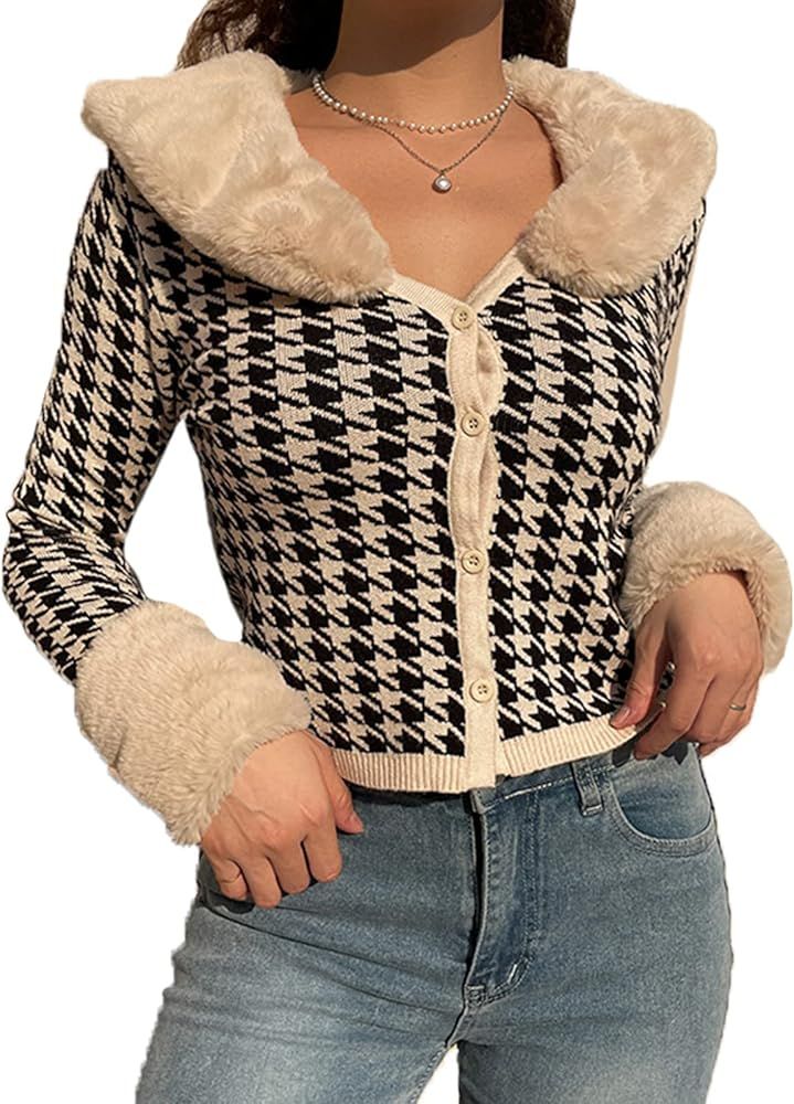 Women Sexy Knitted Crop Top Y2k Long Sleeve Detachable Fur Trim Cardigan Coat E-Girl Button Down Jac | Amazon (US)