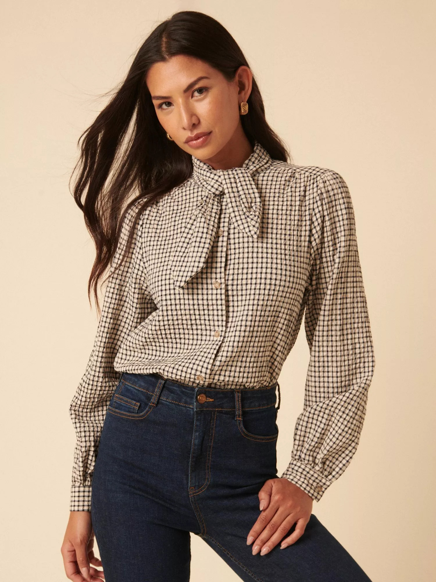 Nobody's Child Darcy Check Tie Neck Shirt, Black/White | John Lewis (UK)