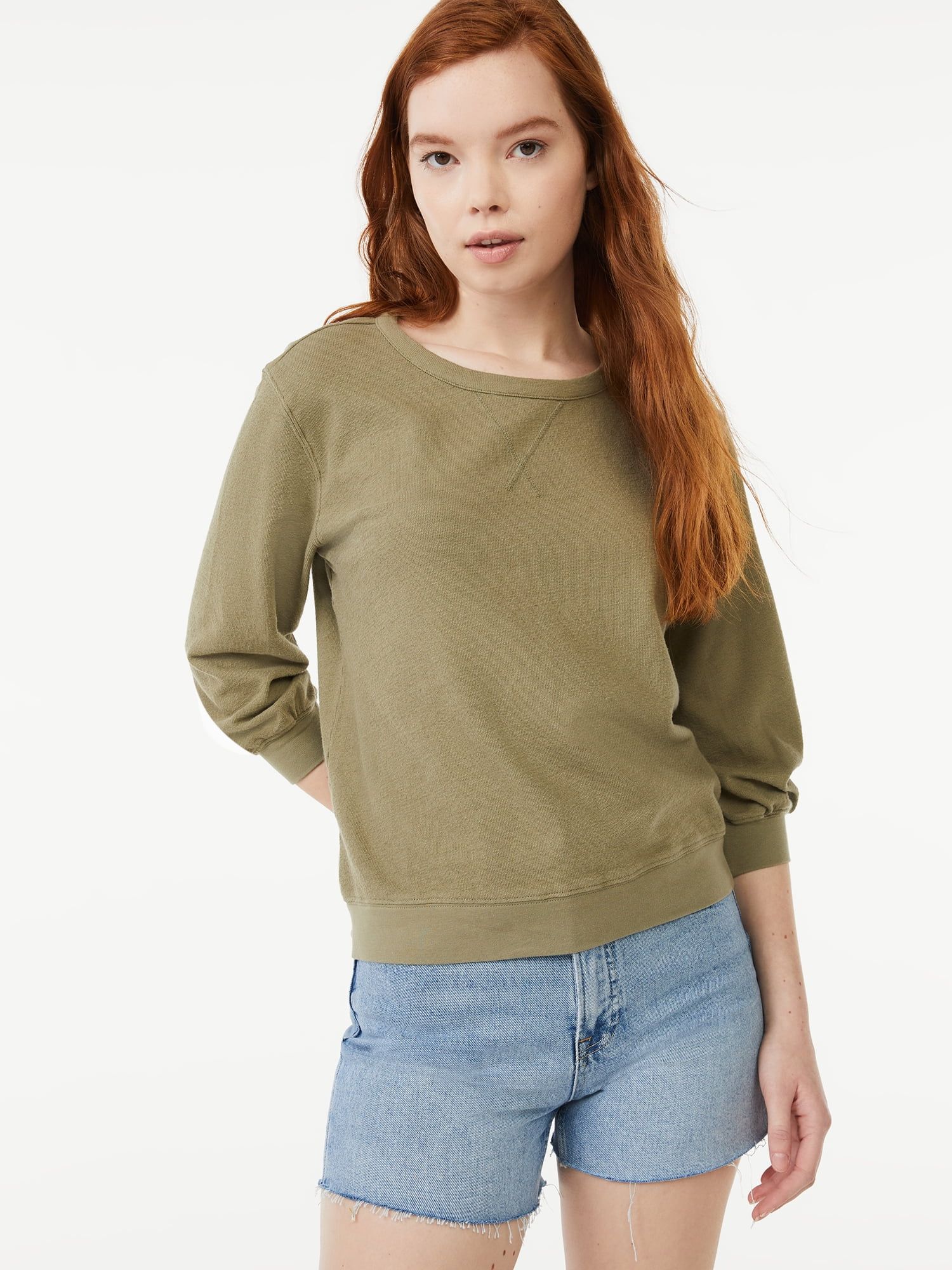 Free Assembly Women's 3/4 Sleeve Crewneck Sweatshirt - Walmart.com | Walmart (US)