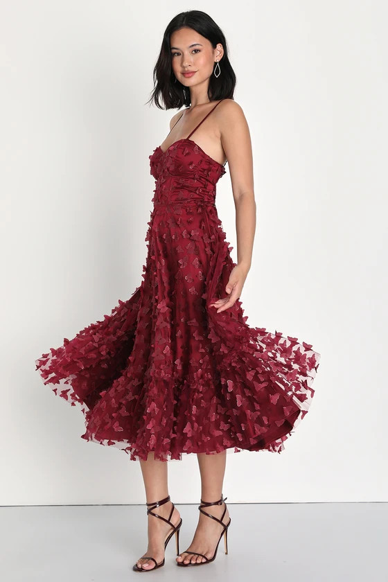 Time to Fly Burgundy Butterfly Lace-Up Midi Dress | Lulus