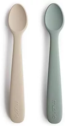 Mushie - 2Pk Silicone Feeding Spoons, Cambridge Blue/Shifting Sand