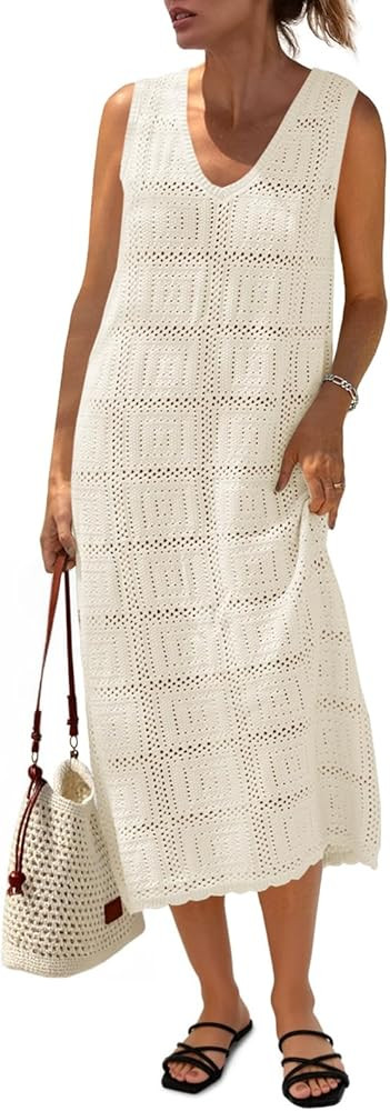 Fisoew Womens Crochet Sleeveless Dress Casual Summer V Neck Boho Knit Cover Up Beach Vacation Mid... | Amazon (US)