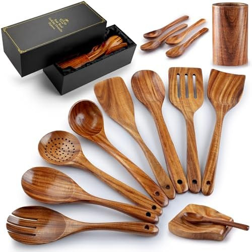 Zulay Kitchen 15-Piece Teak Wooden Utensils for Cooking - Natural Teak Utensil Set with Premium G... | Amazon (US)